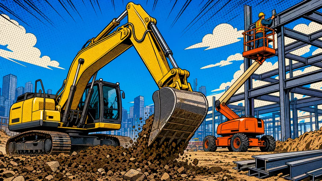 Pop-Art-Comic-Illustration einer Baustelle mit Bagger und Hebebühne