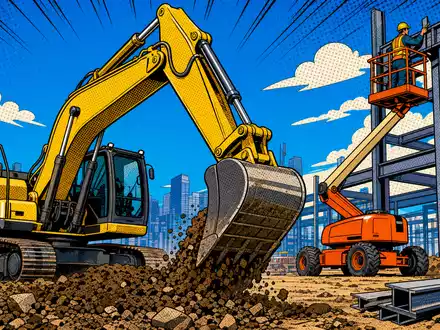 United Rentals Inc. (US9113631090) prägt Baustellen weltweit, hier als farbenfrohe Pop-Art-Comic-Szene mit Bagger und Hebebühne - Foto: THN
