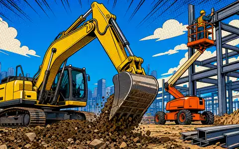 United Rentals Inc. (US9113631090) prägt Baustellen weltweit, hier als farbenfrohe Pop-Art-Comic-Szene mit Bagger und Hebebühne - Foto: THN