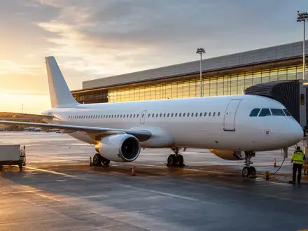 United Airlines (ISIN US9100471096): unbedrucktes weißes Passagierflugzeug am Gate im goldenen Abendlicht fotorealistisch dargestellt - Foto: THN
