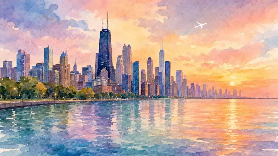 Aquarellmalerei der Chicago-Skyline mit Flugzeugsilhouette am Abendhimmel