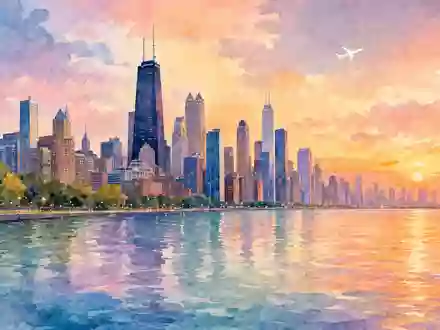 United Airlines (ISIN US9100471096): Chicago-Skyline in Aquarell-Optik bei Sonnenuntergang mit fliegendem unbedrucktem Flugzeug am Himmel - Foto: THN