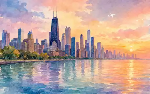 United Airlines (ISIN US9100471096): Chicago-Skyline in Aquarell-Optik bei Sonnenuntergang mit fliegendem unbedrucktem Flugzeug am Himmel - Foto: THN