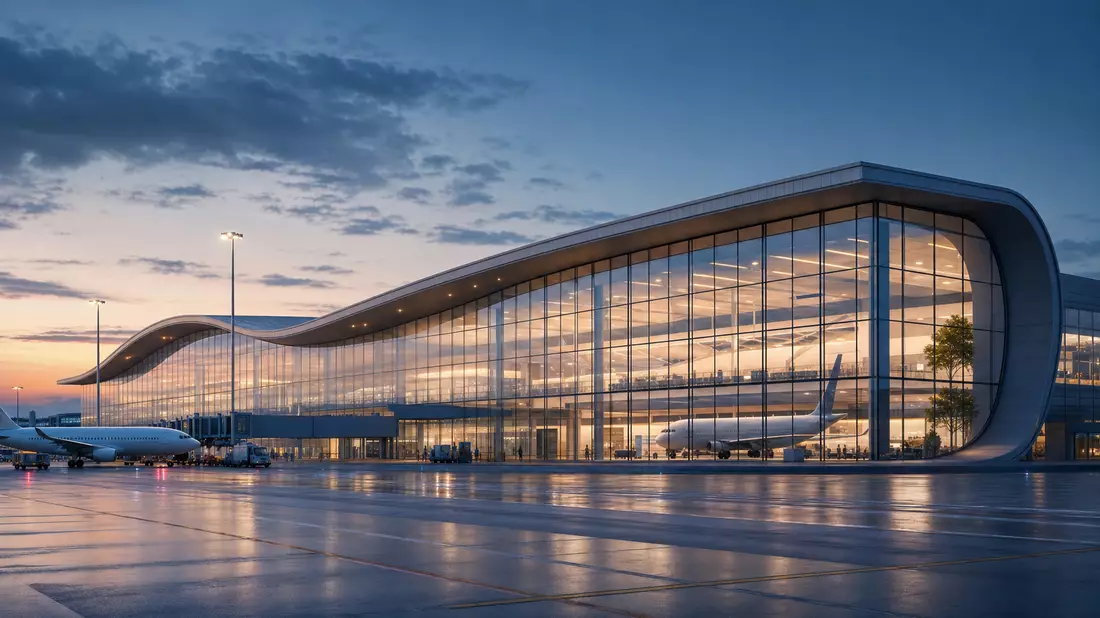 Architektur-Render eines modernen Flughafenterminals mit Passagierflugzeugen