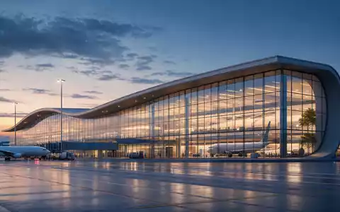 United Airlines (ISIN US9100471096): modernes Architektur-Render eines Glasflughafenterminals mit unbedruckten Flugzeugen in der Abenddämmerung - Foto: THN