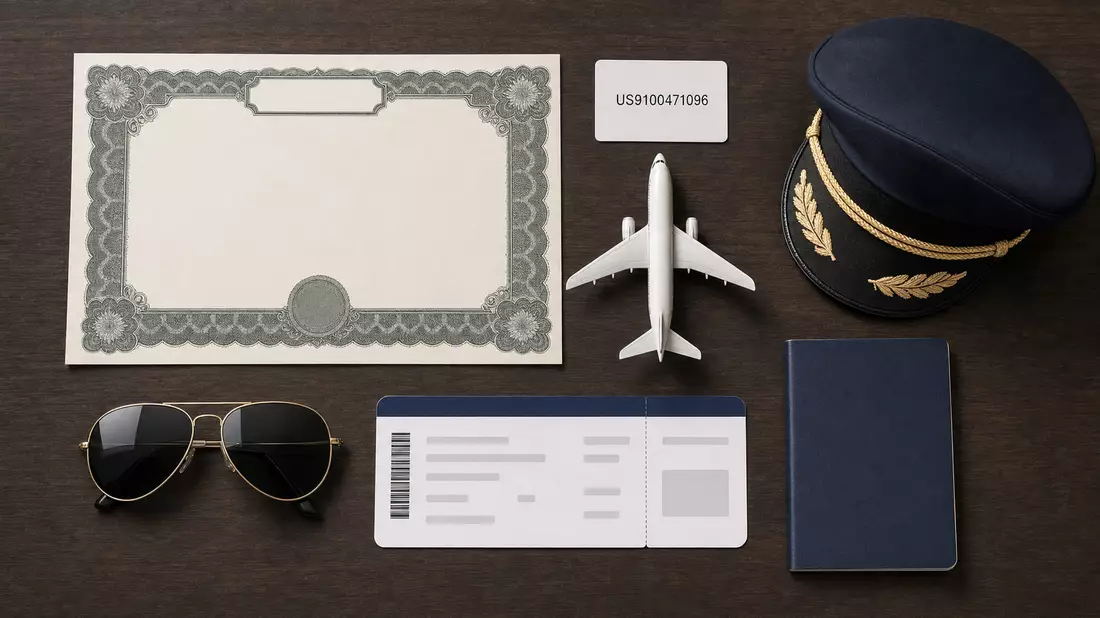 Flatlay mit Aktienzertifikat, ISIN-Karte US9100471096 und Flugzeugmodell