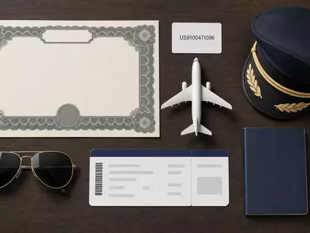 United Airlines (ISIN US9100471096): Flatlay-Arrangement mit Aktienzertifikat, ISIN-Karte, Flugzeugmodell und Piloten-Utensilien von oben fotografiert - Foto: THN