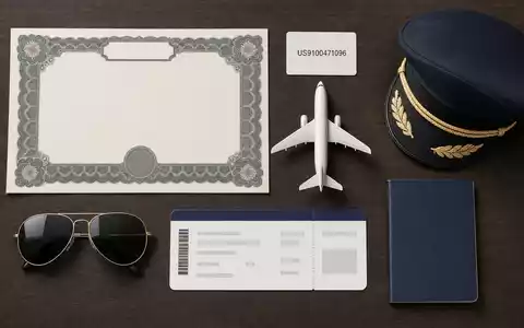 United Airlines (ISIN US9100471096): Flatlay-Arrangement mit Aktienzertifikat, ISIN-Karte, Flugzeugmodell und Piloten-Utensilien von oben fotografiert - Foto: THN