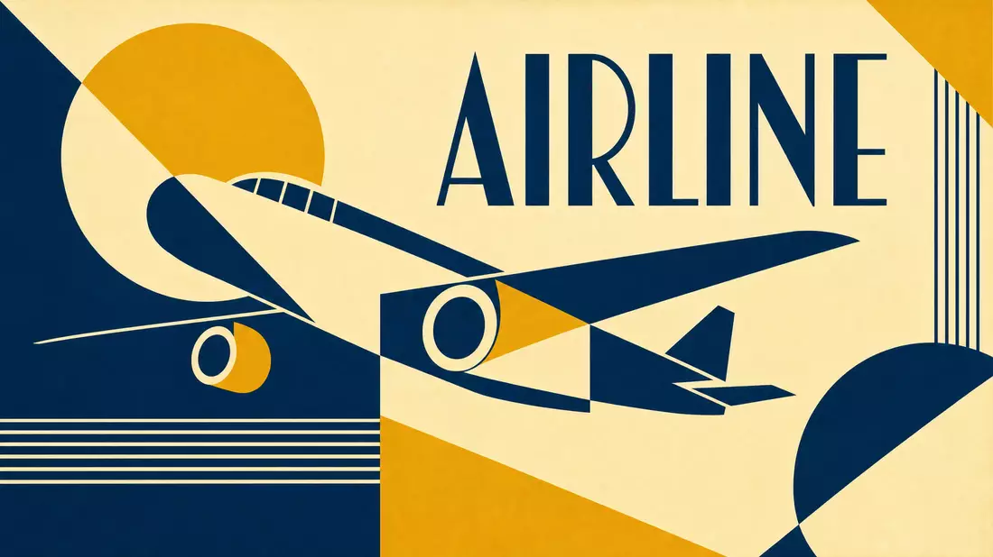Bauhaus-Poster mit geometrischem Flugzeug und dem Wort AIRLINE