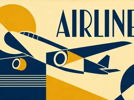 United Airlines (ISIN US9100471096): geometrisches Bauhaus-Poster mit stilisiertem Flugzeug und Sektor-Schriftzug AIRLINE in kräftigen Farben - Foto: THN