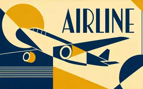 United Airlines (ISIN US9100471096): geometrisches Bauhaus-Poster mit stilisiertem Flugzeug und Sektor-Schriftzug AIRLINE in kräftigen Farben - Foto: THN