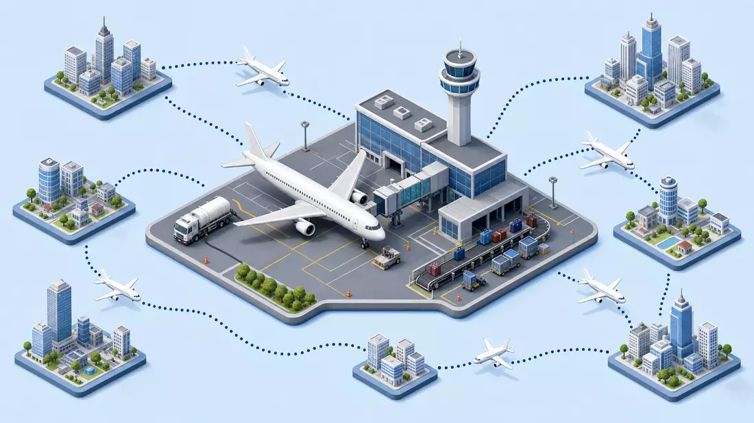 Isometrische 3D-Grafik eines Flughafen-Hubs mit Flugverbindungen zu Städten