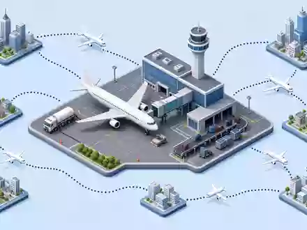 United Airlines (ISIN US9100471096): isometrische 3D-Illustration der Luftfahrt-Wertschöpfungskette mit Flughafen-Hub und verbundenen Städten - Foto: THN