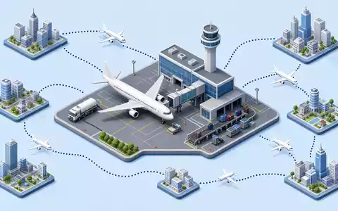 United Airlines (ISIN US9100471096): isometrische 3D-Illustration der Luftfahrt-Wertschöpfungskette mit Flughafen-Hub und verbundenen Städten - Foto: THN