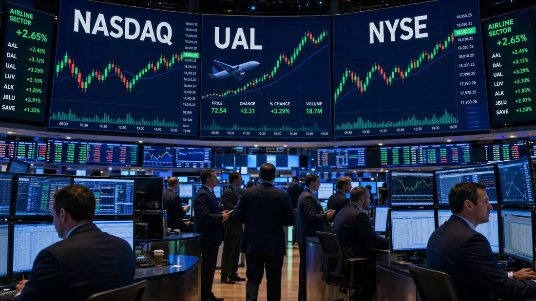 Trading-Floor mit NASDAQ-Bildschirmen und Kursverlauf des Tickers UAL
