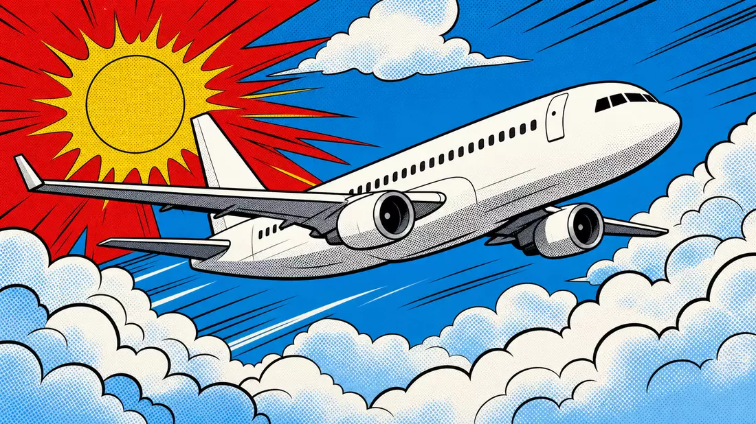 Pop-Art-Comic eines unbedruckten Flugzeugs zwischen Wolken und Sonne