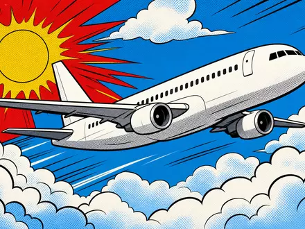 United Airlines (ISIN US9100471096): farbenfrohe Pop-Art-Comic-Illustration eines unbedruckten Flugzeugs beim Flug durch bunte Wolkenlandschaft - Foto: THN