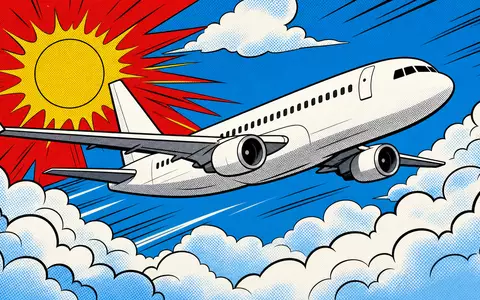 United Airlines (ISIN US9100471096): farbenfrohe Pop-Art-Comic-Illustration eines unbedruckten Flugzeugs beim Flug durch bunte Wolkenlandschaft - Foto: THN