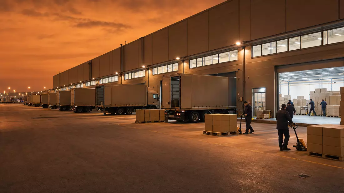 Nächtliches Logistikzentrum mit unbeschrifteten Lieferwagen und Paketen an Laderampen
