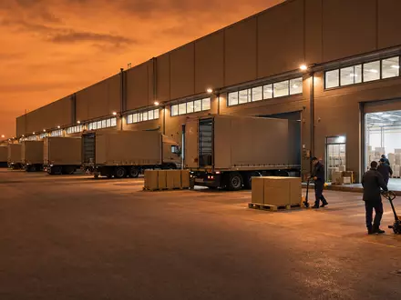 Fotorealistisches Bild eines Logistikzentrums bei Nacht für United Parcel Serv. mit ISIN US9113121068 dargestellt - Foto: THN