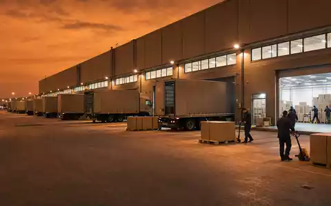 Fotorealistisches Bild eines Logistikzentrums bei Nacht für United Parcel Serv. mit ISIN US9113121068 dargestellt - Foto: THN