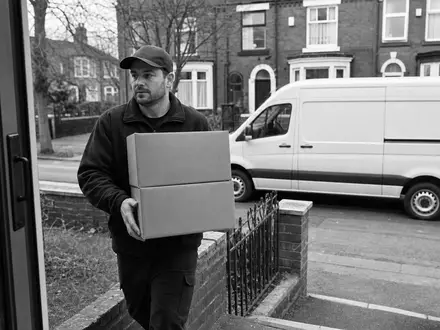 Schwarzweiße Reportage-Aufnahme einer Paketzustellung, passend zu United Parcel Serv., ISIN US9113121068, dokumentarisch - Foto: THN