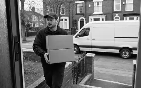 Schwarzweiße Reportage-Aufnahme einer Paketzustellung, passend zu United Parcel Serv., ISIN US9113121068, dokumentarisch - Foto: THN