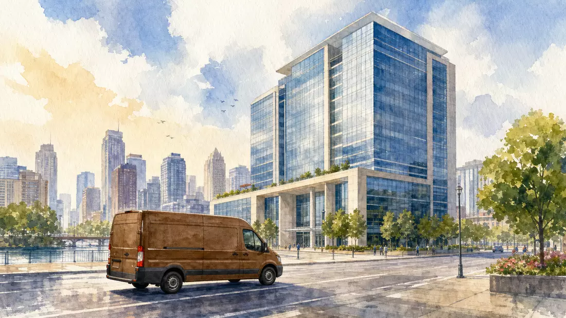 Aquarell einer Skyline mit Bürogebäude und unbeschriftetem braunem Lieferwagen