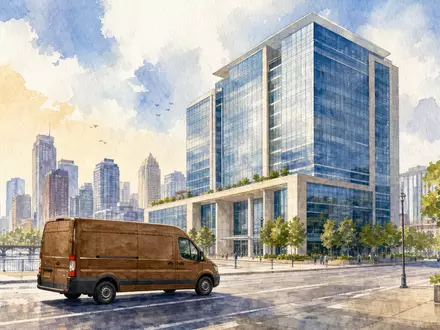 Aquarellmalerei einer Stadtsilhouette mit Hauptsitz-Gebäude, symbolisch für United Parcel Serv., ISIN US9113121068, künstlerisch - Foto: THN