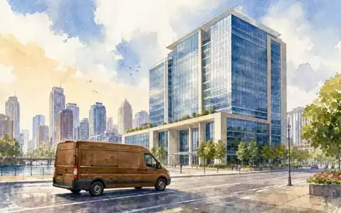 Aquarellmalerei einer Stadtsilhouette mit Hauptsitz-Gebäude, symbolisch für United Parcel Serv., ISIN US9113121068, künstlerisch - Foto: THN