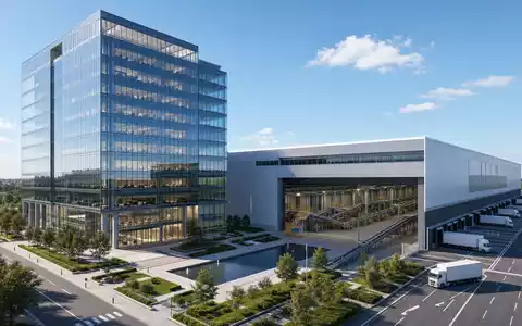 Architektur-Render eines modernen Hauptsitzes und Logistikzentrums, repräsentativ für United Parcel Serv., ISIN US9113121068 - Foto: THN