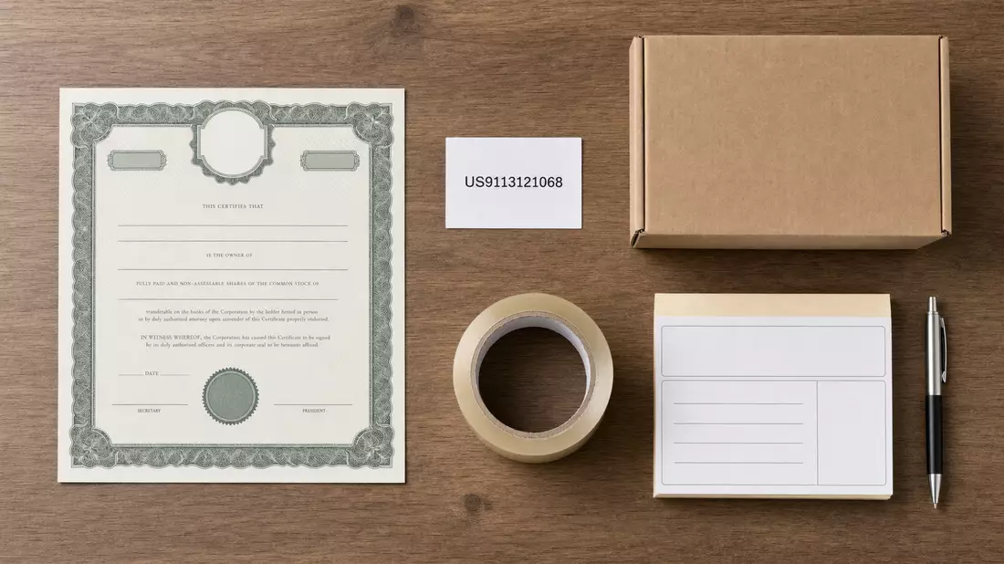 Flatlay von Aktienzertifikat, ISIN-Karte, Paket und Verpackungsmaterial auf Holztisch