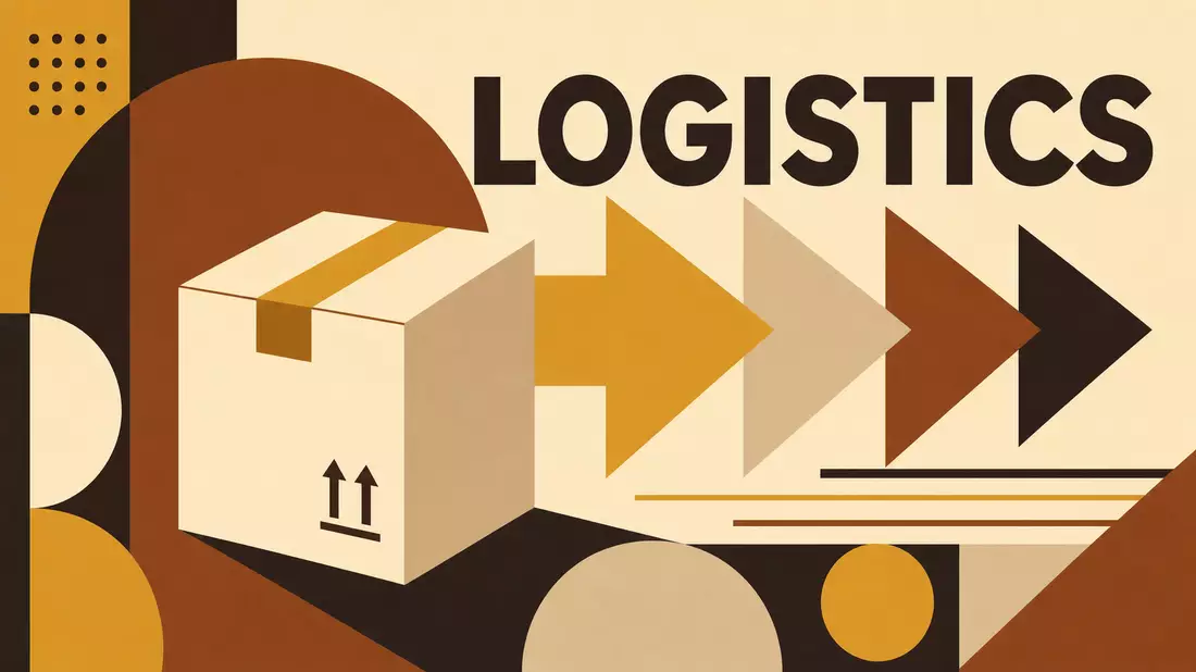 Geometrisches Bauhaus-Poster mit Paketform, Pfeilen und dem Wort LOGISTICS