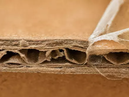Makroaufnahme von Wellpappe und Klebeband als Materialstudie, thematisch passend zu United Parcel Serv., ISIN US9113121068 - Foto: THN