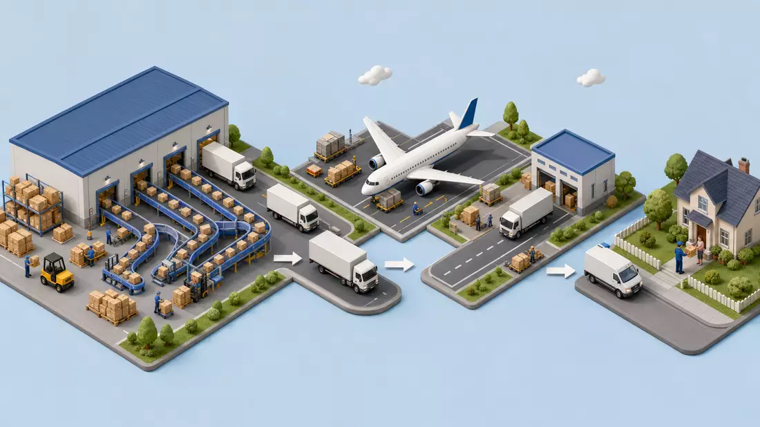 Isometrisches Diagramm von Lagerhalle, Flugzeug, Lieferwagen und Haustürzustellung