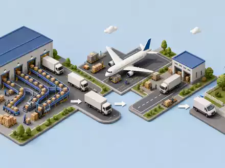 Isometrische 3D-Darstellung der Logistik-Wertschöpfungskette, konzeptionell für United Parcel Serv., ISIN US9113121068 erstellt - Foto: THN