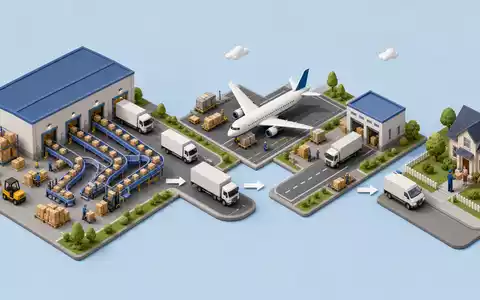 Isometrische 3D-Darstellung der Logistik-Wertschöpfungskette, konzeptionell für United Parcel Serv., ISIN US9113121068 erstellt - Foto: THN