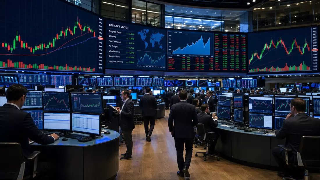 Trading-Floor mit Bildschirmen und Charts zum Logistiksektor sowie Börsenhändlern