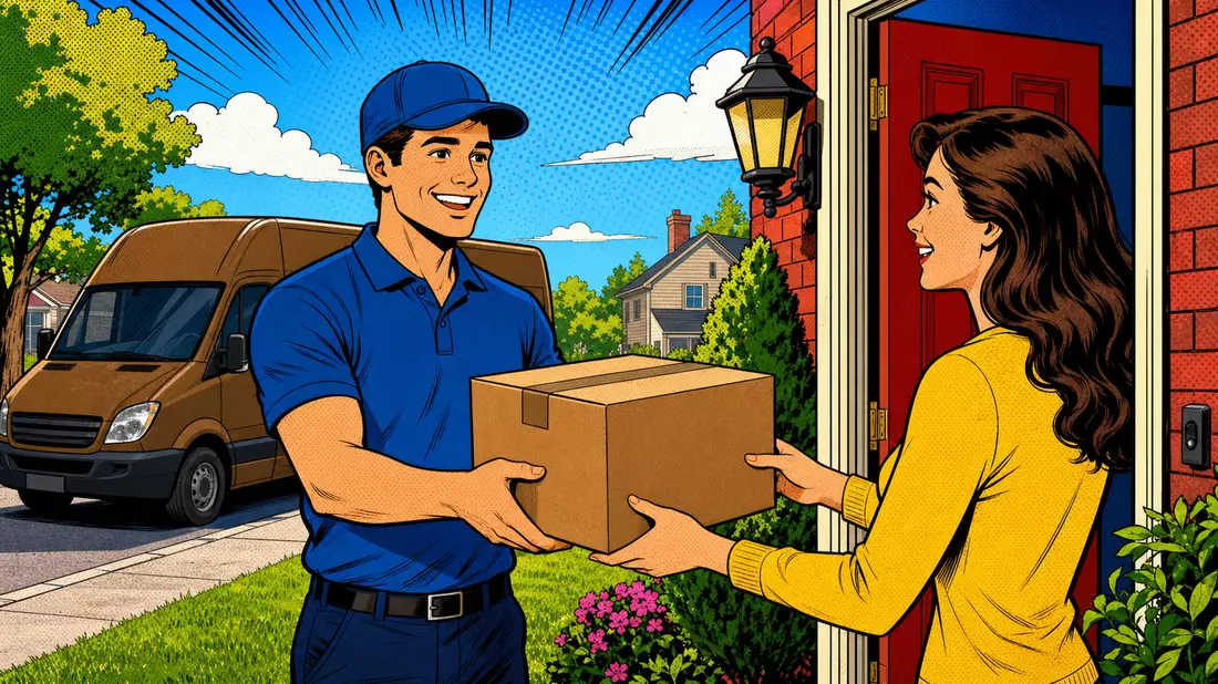 Bunte Comic-Illustration eines Zustellers, der einer Kundin ein Paket überreicht