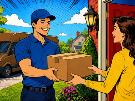 Pop-Art-Comic-Szene einer Paketübergabe an der Haustür, farbenfroh gestaltet für United Parcel Serv., ISIN US9113121068 - Foto: THN