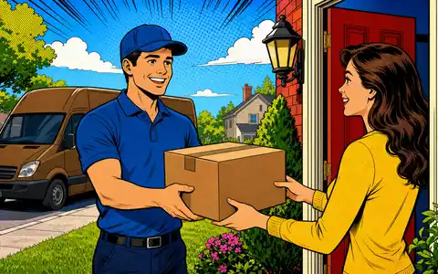 Pop-Art-Comic-Szene einer Paketübergabe an der Haustür, farbenfroh gestaltet für United Parcel Serv., ISIN US9113121068 - Foto: THN