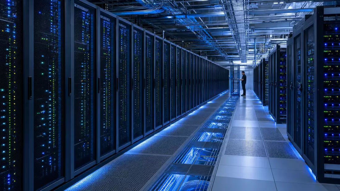 Fotorealistisches Rechenzentrum mit Serverschränken und blauem Licht