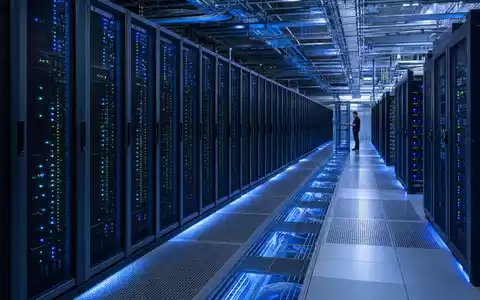 United Internet AG DE0005089031 zeigt fotorealistisches Rechenzentrum mit Serverreihen und blauer LED-Beleuchtung als Symbolbild - Foto: THN
