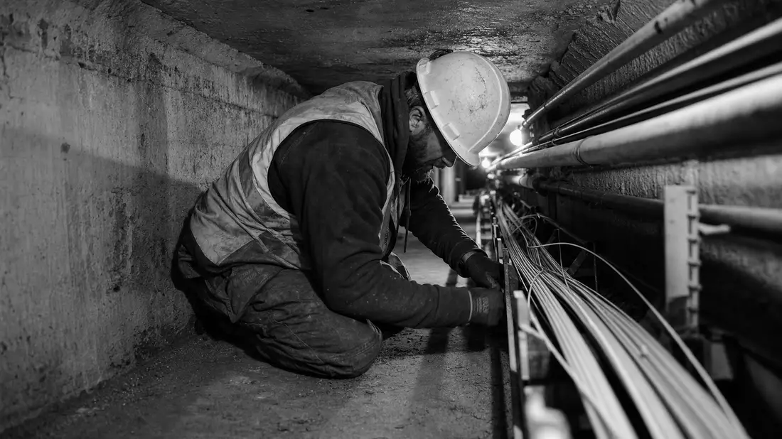 Schwarzweiß-Reportagefoto eines Technikers bei Glasfaserinstallation im Schacht
