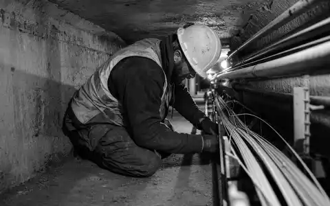 United Internet AG DE0005089031 dokumentiert Schwarzweiß-Reportage eines Technikers bei Glasfaserkabel-Installation im Kabelschacht - Foto: THN