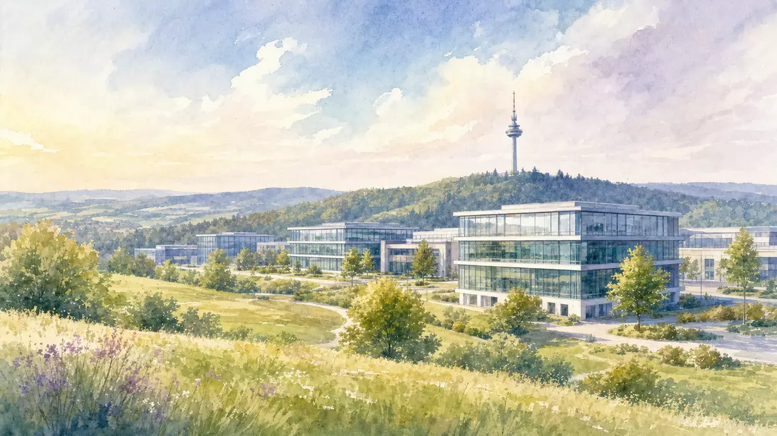 Aquarell eines Bürocampus mit Sendemast auf einem Hügel