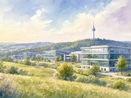 United Internet AG DE0005089031 illustriert Aquarellgemälde eines Bürocampus mit Sendemast in hügeliger Landschaft nahe Montabaur - Foto: THN