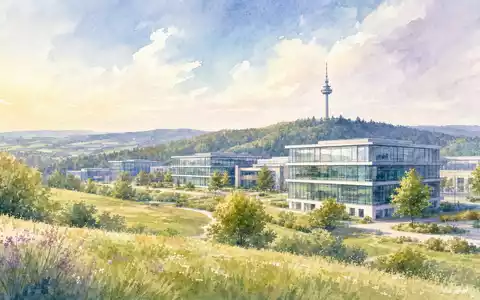 United Internet AG DE0005089031 illustriert Aquarellgemälde eines Bürocampus mit Sendemast in hügeliger Landschaft nahe Montabaur - Foto: THN