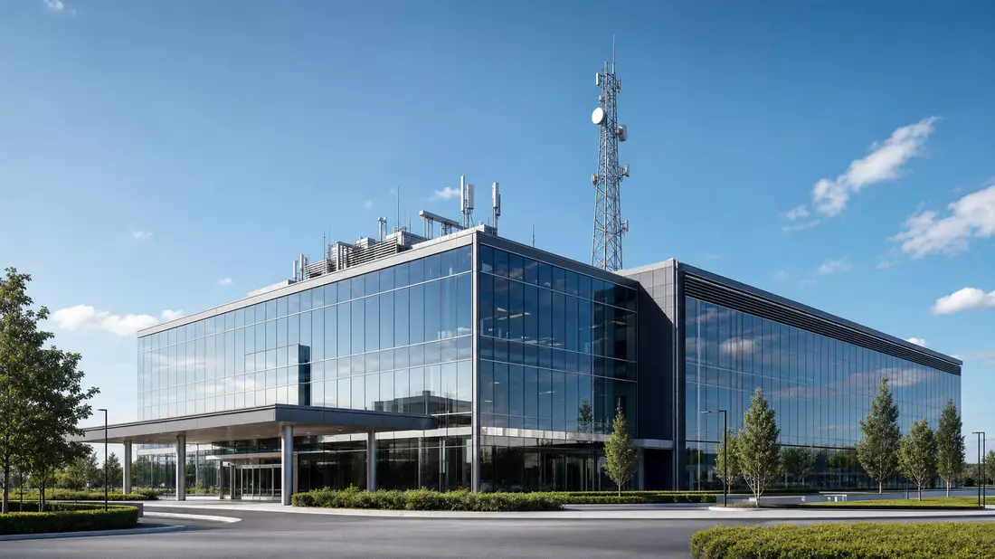Architektur-Render einer Glasfassaden-Zentrale mit Antennenmast