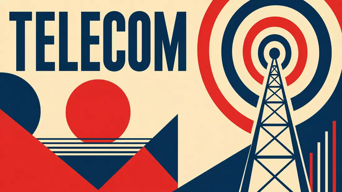 Bauhaus-Poster mit Sendemast, Kreisen und dem Wort TELECOM